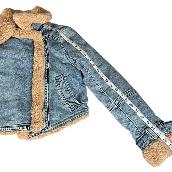 Hollister Faux Fur Lined Denim Jacket Women’s XS Y2K Cropped Tan Sherpa Collar - Picture 11 of 13